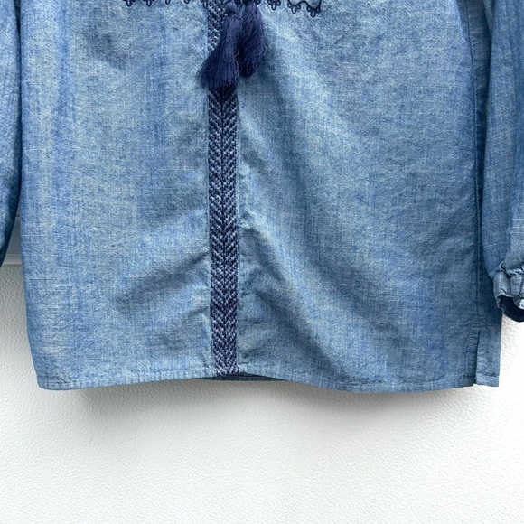 J crew Mercantile peasant top XS chambray embroidered blue denim tassel boho - Picture 6 of 10